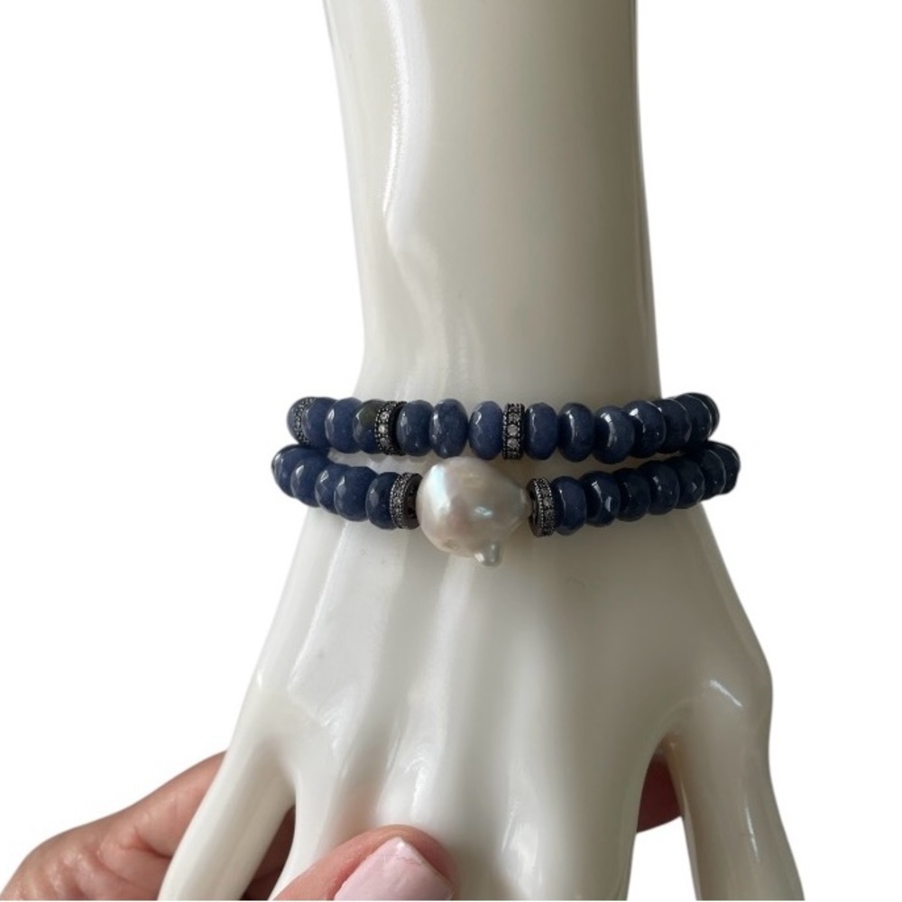 In2Design Set of Blue Agate & Freshwater Baroque Pearl Bracelets - 7”~ Gorgeous! - Picture 2 of 3